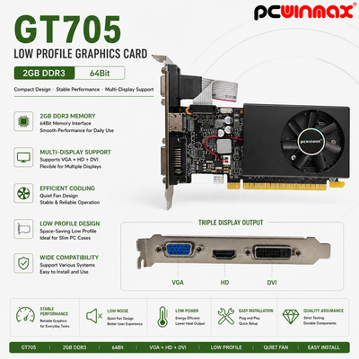 PCWINMAX GT 705 2GB 64Bit GDDR3 デスクトップ用低プロファイルシングルファン VGA DVI HDポート GPUグラフィックカード