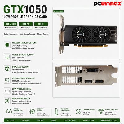 PCWINMAX GTX 1050 デスクトップグラフィックカード 2GB 128Bit GDDR5 低プロフィール デュアルファン