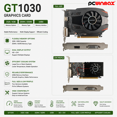 PCWINMAX GT 1030 2GB GDDR5 ATXグラフィックカード 64ビットシングルファン HD DVIデスクトップビデオカード