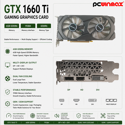 PCWINMAX Geforce GTX 1660 Ti 6GB GPU グラフィックカード 192 ビット 1500MHz/1770MHz HD DP DVI 14Gbps メモリ